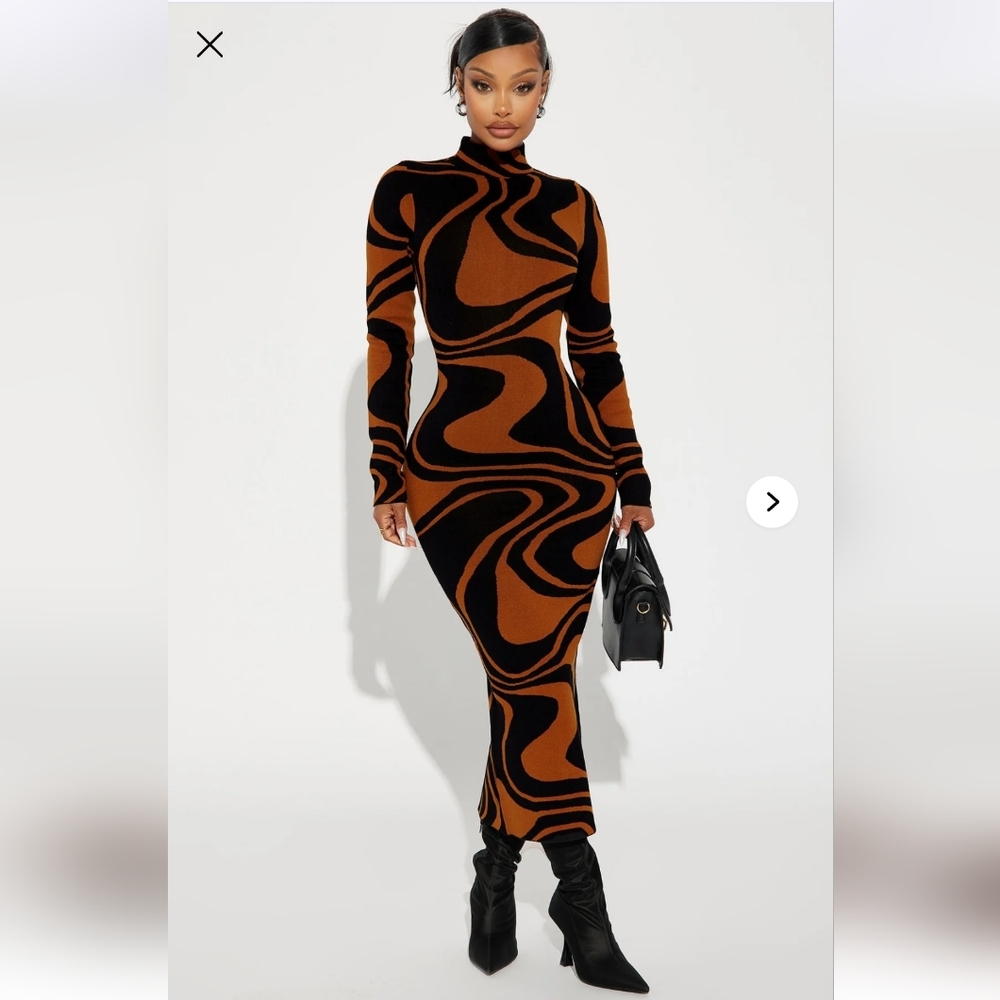 Fashion Nova Swirl Long Sleeve Dress - Black and Brown